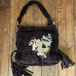 Vintage 90s shoulder bag Goldenbleu brown suede embroidered shoulder boho